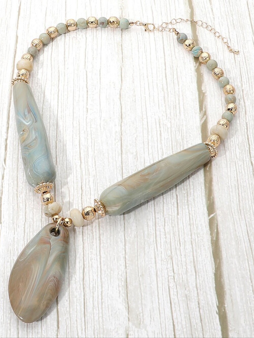 Mint Teardrop Resin Stone Beaded Pendant Necklace Bold Chunky Jewelry Gold